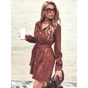 *NEW Corduroy Shirt Dress Shacket Belted Button Up Spice Brown